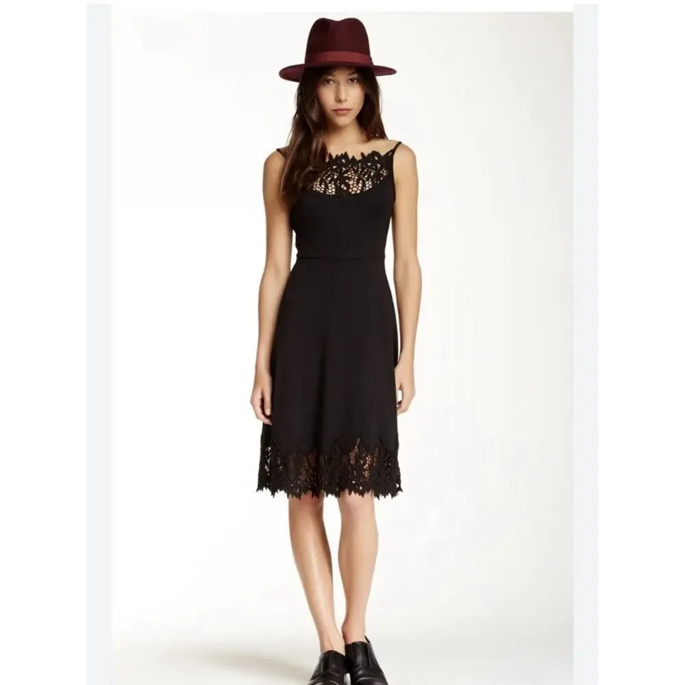 Free People Black Forget Me Not Fit/Flare Stretch Ponte Crochet Eyelet Dress M‎